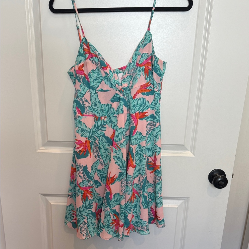 Buddy Love Pink Tropical Mini Dress with Teal & Orange Leaf Print